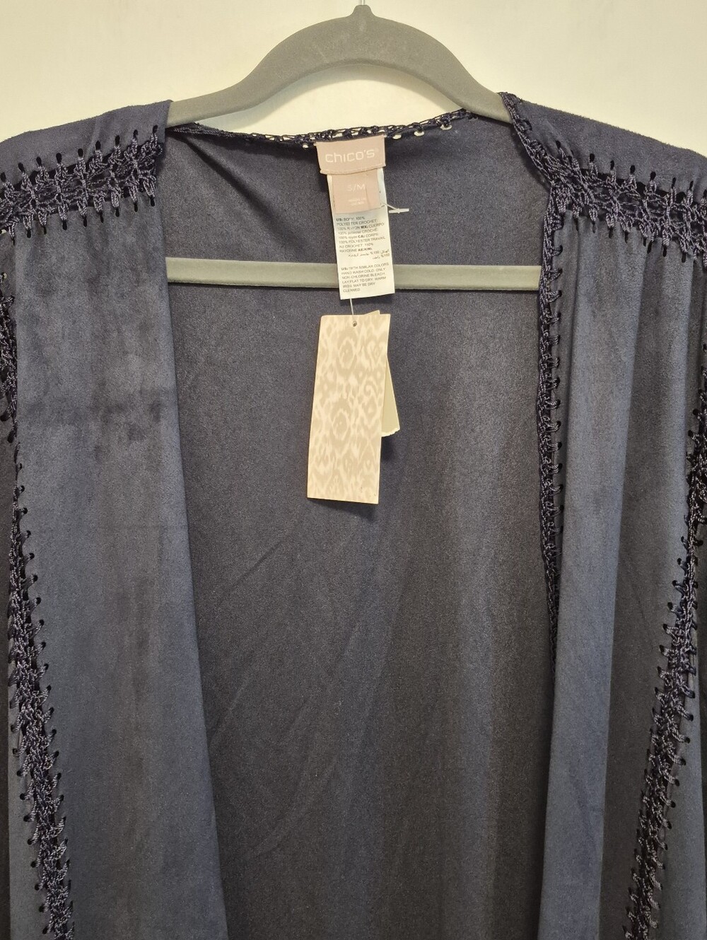 Chico's Ruana Wrap Faux Suede Navy Blue Cover Up Jacket Crochet Size S/M - Picture 3 of 13